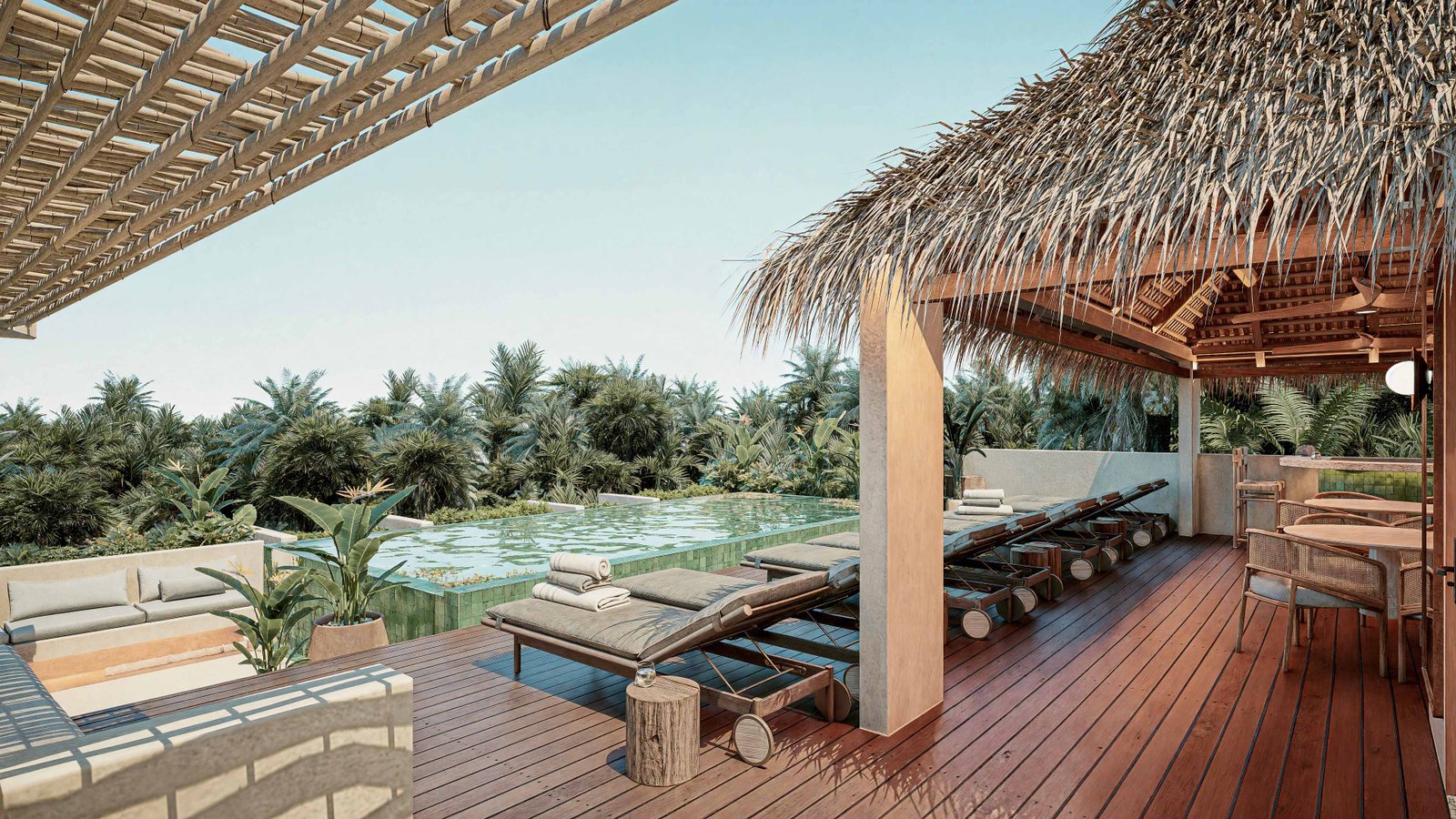 Terraza con alberca y sport-bar